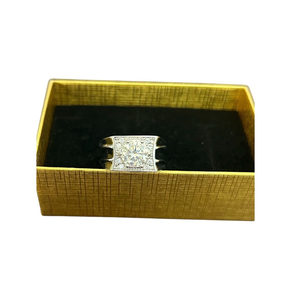 Men's Silver Tone Crystal Square Accent Ring - White